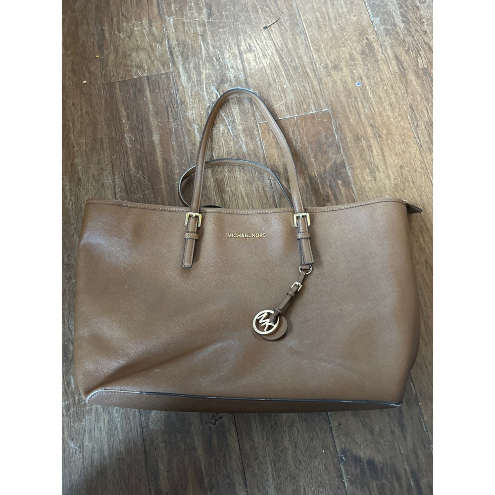 Michael Kors Voyager East West Tote Bag Brown Saffiano Leather Gold Hardware